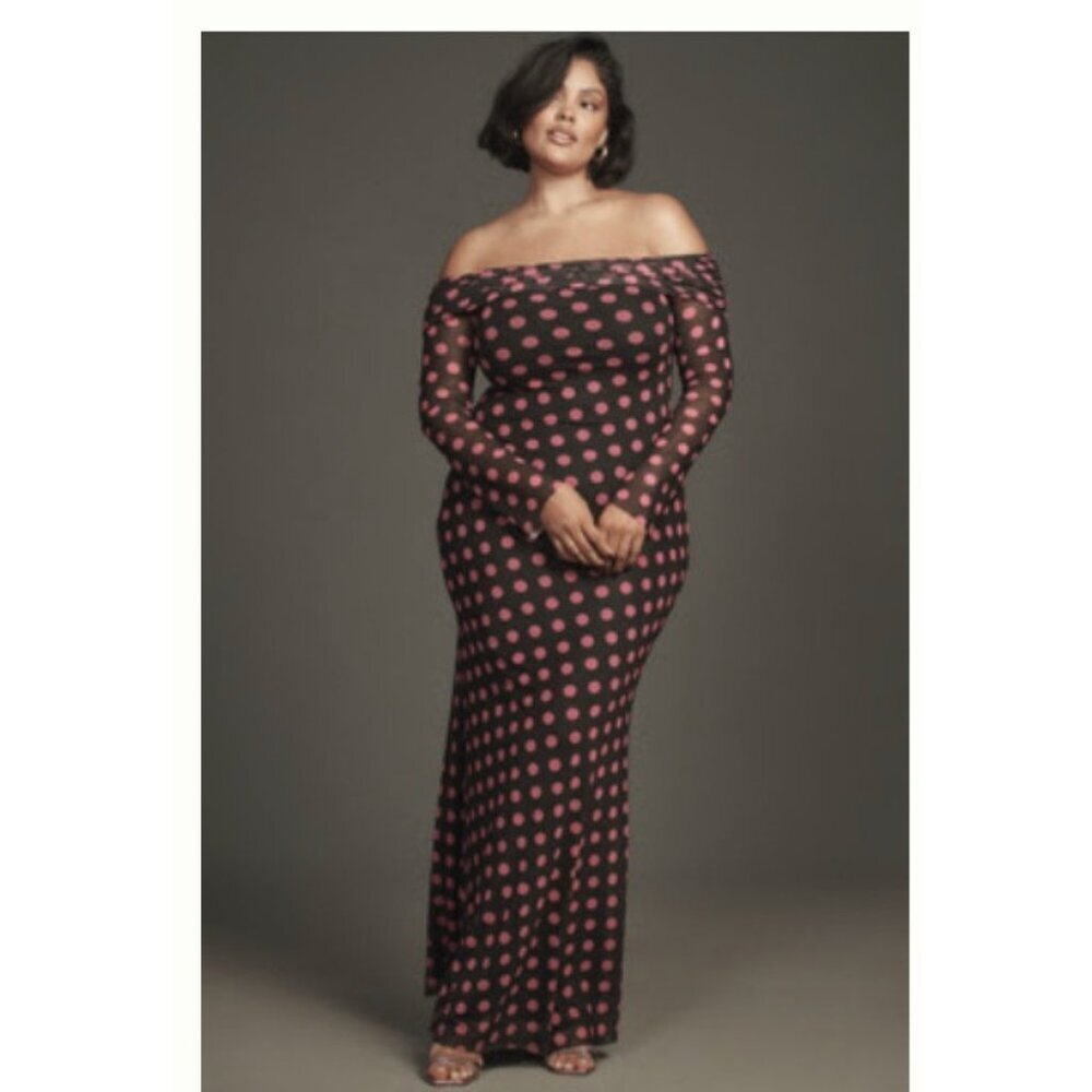AFRM Long-Sleeve Off-The-Shoulder Mesh Maxi Dress Polka Dot 2X